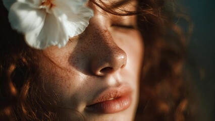 Close-up portrait of a freckled woman with a white flower in her hair, eyes closed, warm sunlight on her lips. Concept Freckled Beauty, Close-Up Portrait, White Flower in Hair, Warm Sunlight