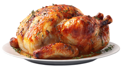 A golden brown roasted chicken garnished with herbs on a white plate against a black background