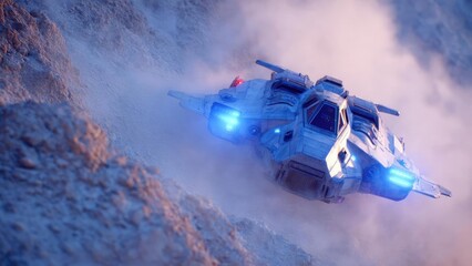 A futuristic spacecraft flies low over a dusty, rocky landscape, blue engines glowing as it tears through the smoke. Concept Futuristic spacecraft, Dusty rocky landscape, Blue engine glow