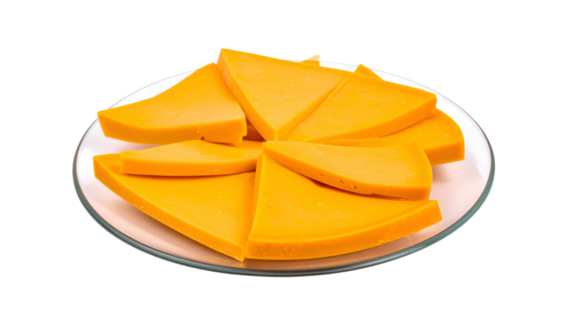 A plate holds sliced, yellow cheese arranged in a circular pattern against a black backdrop - Powered by Adobe