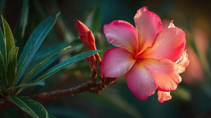Pink and orange desert rose flower blooming on a branch with long green leaves. Concept Desert Rose Bloom, Pink and Orange Flowers, Green Leaves Detail, Macro Floral