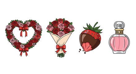 Valentines Day Symbols Heart Flowers Chocolate Strawberry Perfume, Generative AI.