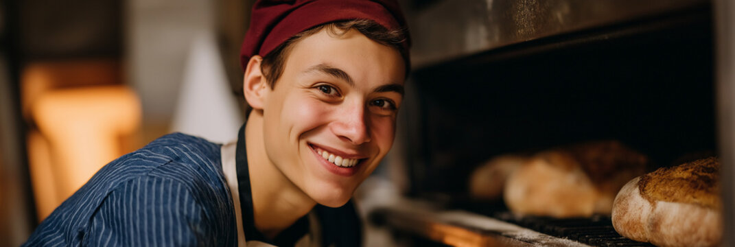 A cheerful young baker stands proudly in front of freshly baked loaves of bread, capturing the joy and satisfaction of culinary creation in a warm bakery atmosphere.
