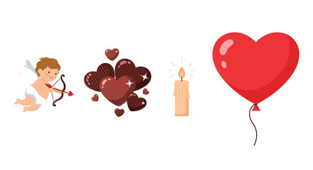 Valentines Day symbols including cupid chocolate hearts candle and balloon, Generative AI.