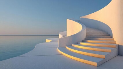 A white curved staircase along a seaside terrace at sunset. Concept White curved staircase, Seaside terrace, Sunset glow, Coastal architecture, Romantic ambiance