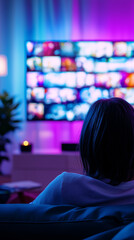 Woman sitting on sofa watching TV screen in neon-lit room.  

