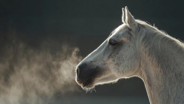 Side profile of a pale horse, frosty breath visible as it exhales in cold air. Concept Pale horse side profile, Frosty breath in cold air, Winter equine portrait, Quiet wintry mood - Powered by Adobe