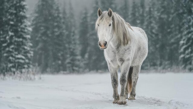A light gray horse standing in a snow-covered field with a forest backdrop. Concept Light gray horse in a snowy field, Winter landscape with a forest backdrop, Equine portrait in snowfall - Powered by Adobe