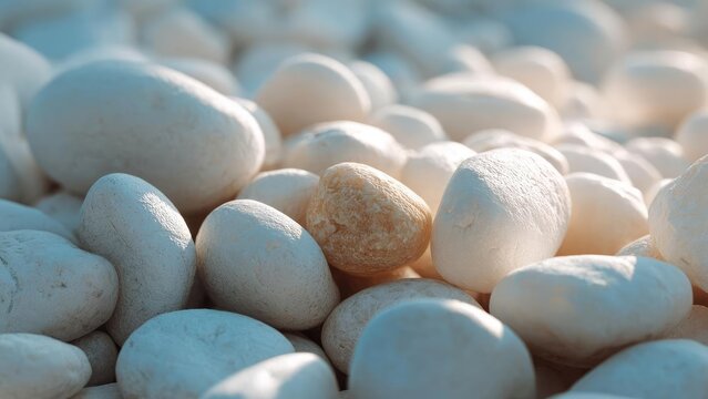 Smooth white pebbles scattered on a beach with a single tan stone among them. Concept Minimalist beach pebble composition, Smooth white pebbles with a single tan stone, Natural shoreline textures