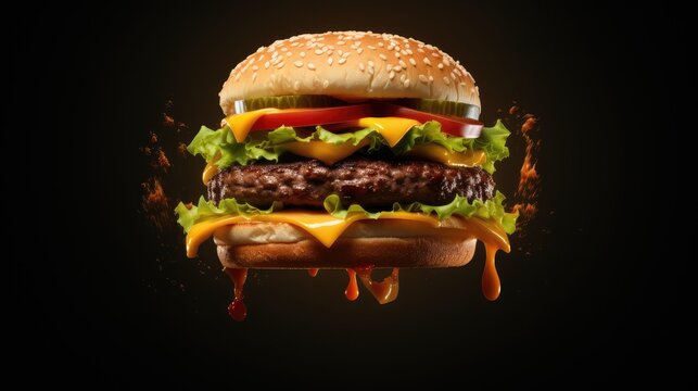 Delicious juicy burger with melted cheese and fresh vegetables against dark backdrop with fiery accents for a flavorful gourmet meal