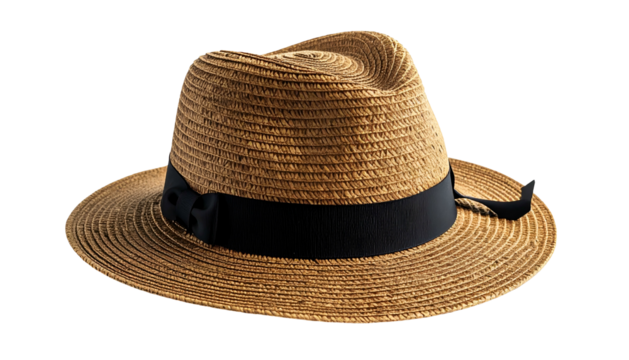A stylish, light brown fedora with a black ribbon band and a natural, woven texture