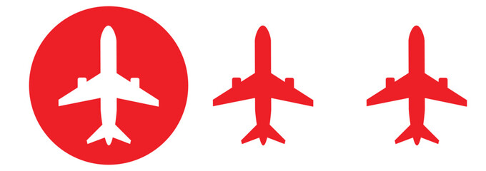 Vector Set of Red and White Airplane Icons Representing Travel, Flight, and Airplane Mode