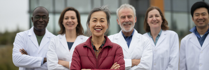 A diverse team of professionals proudly standing together in white lab coats, showcasing collaboration, expertise and unity in the pursuit of scientific and medical advancements.