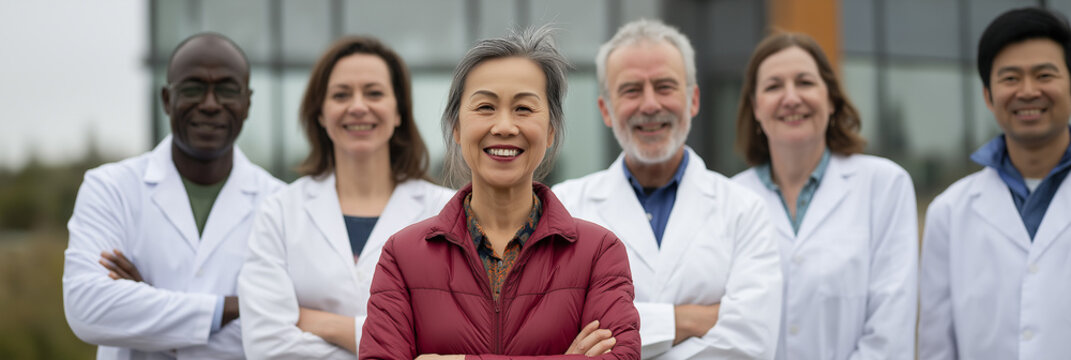 A diverse team of professionals proudly standing together in white lab coats, showcasing collaboration, expertise and unity in the pursuit of scientific and medical advancements.
