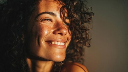Close-up of a smiling woman with curly hair basking in warm sunlight. Concept Close-up Portrait, Curly Hair, Warm Sunlight, Radiant Smile, Natural Lighting