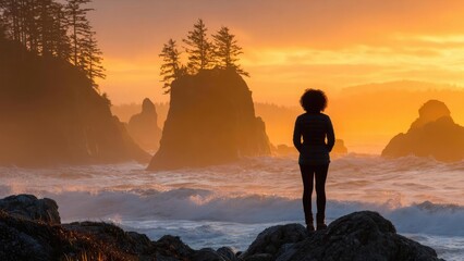 A silhouette of a person standing on a rocky shore at sunset, looking toward orange-hued sea stacks and crashing waves. Concept Silhouette, Rocky shore at sunset, Orange-hued sea stacks