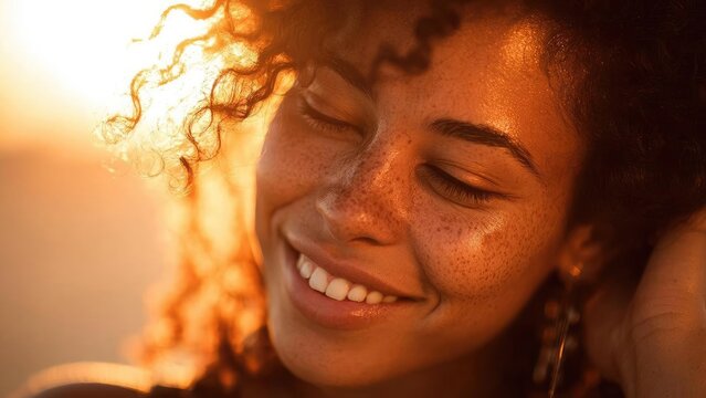 Close-up of a freckled woman with curly hair, smiling softly as golden hour sunlight bathes her face. Concept Golden hour close-up portrait, Freckled skin, Curly hair, Soft smile, Warm natural light - Powered by Adobe
