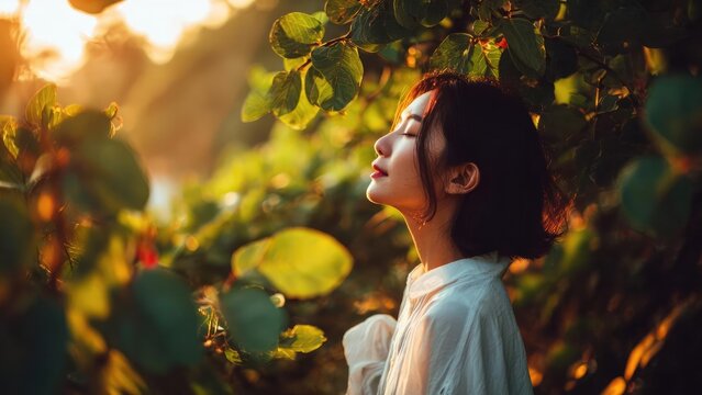 A woman with short dark hair in a white blouse, eyes closed, stands among green leaves bathed in warm golden sunset light. Concept Golden Hour Nature Portrait, Short-Haired Woman in White Blouse