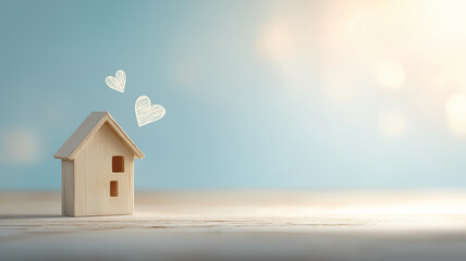 A cozy wooden house model with two hearts ascending, symbolizing affection and a cherished home, set against a tranquil blue sky with gentle bokeh