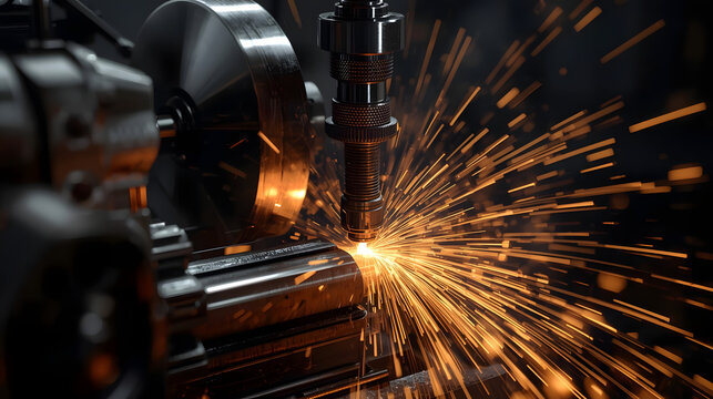 Precision Machining: Witness the intense, captivating process of precision machining in a workshop. A cutting tool is expertly shaping the metal, creating a stunning display of sparks and detail. 