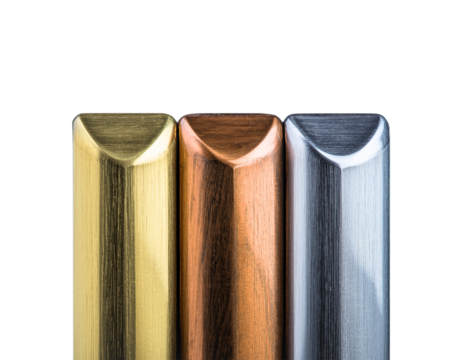 Metallic Columns: A striking visual composition, presenting three sleek, metallic columns in gold, copper, and silver hues, showcasing industrial design