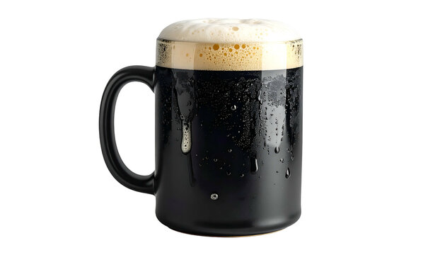 A mug of dark beer with a foamy head, condensation, and handle against black