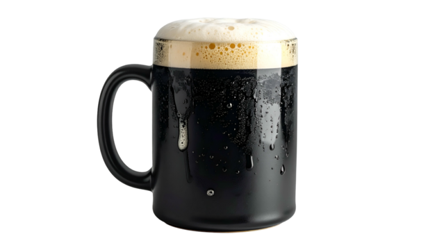 A mug of dark beer with a foamy head, condensation, and handle against black
