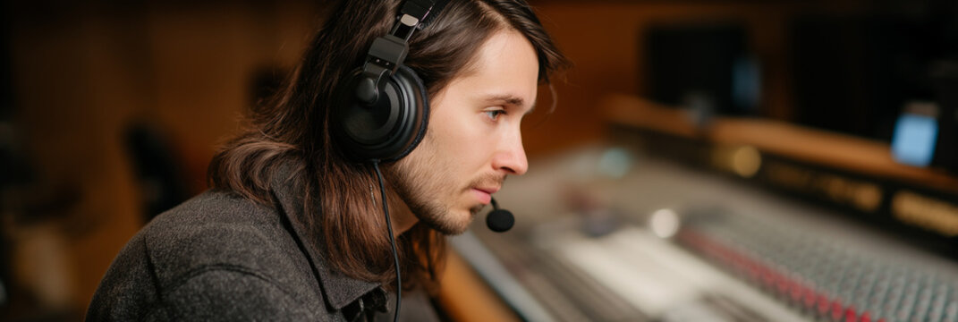A sound engineer with headphones focusing intently while working at a sound mixing console, depicting the crucial role of audio production in media creation.