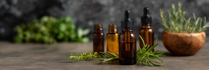 A collection of amber glass bottles filled with essential oils, surrounded by fresh herbs, highlighting the beauty of natural wellness and organic scents in modern self-care practices.