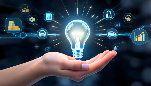 Hand holds glowing lightbulb over warehouse shelves filled with boxes. Icons show logistics, delivery, planning, ideas. Innovative supply chain solution concept.