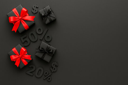 Black Friday sale concept with black gift boxes, red ribbons, discount percent signs and dollar symbols on black background, copy space