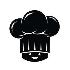 Black silhouette icon of a smiling chef's hat with an integrated happy face, symbolizing cooking, culinary arts, and food.