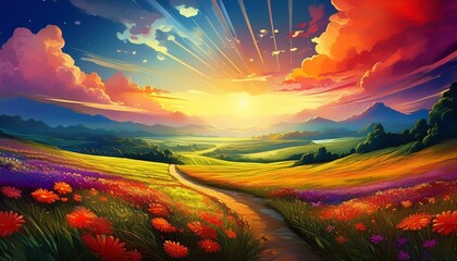 serene vibrant landscape depicting a radiant horizon