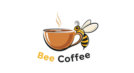 Cute cartoon bee character holding a steaming coffee cup logo.