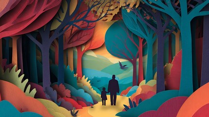 Generations explore vibrant layered paper art forest jointly