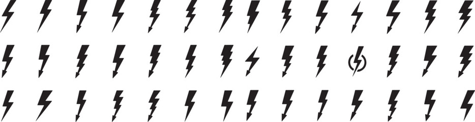 Collection of dynamic lightning bolt icons featuring bold black silhouettes that represent energy, power, and speed. Perfect for sports logos, electric energy concepts, tech branding, app symbols
