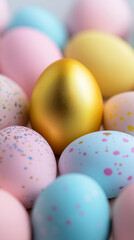 Naklejka premium Golden Easter egg surrounded by colorful speckled pastel eggs. 