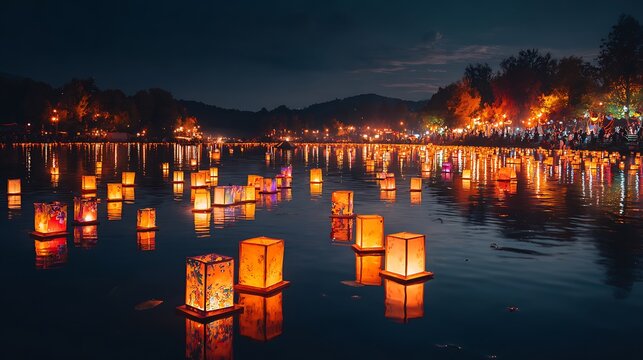 Floating lanterns illuminating serene water at night festival