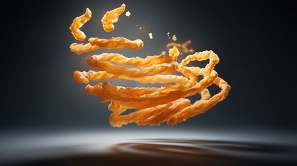 Delicious golden churros arranged mid air with dynamic motion captured in a studio setting showcasing their appetizing textures and warm inviting colors