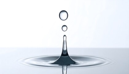 Water droplets falling into a pool of water, creating ripples and a splash crown against a plain background.
