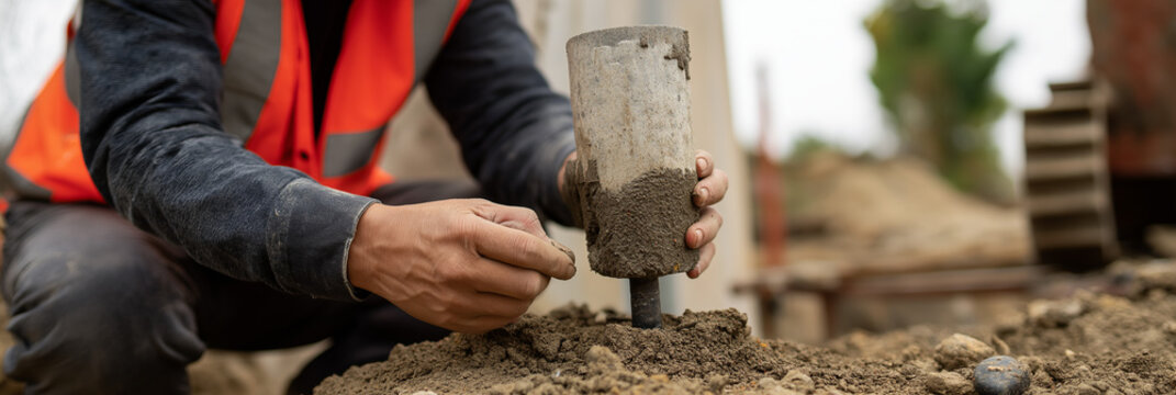 A diligent construction worker inspects the ground for stability, showcasing the groundwork process in construction, demonstrating focus, responsibility, and the importance of safety in building proj