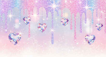 キラキラのハートジュエルとグリッタードリップ　パステルカラーの可愛い背景
