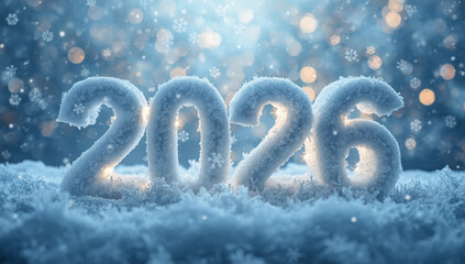 The numbers for the coming year 2026 made of snow and snowflakes against a blurred background of Christmas lights and falling snow.