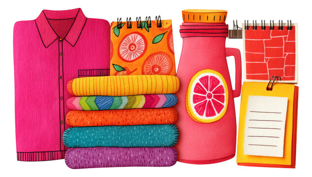 Colorful Collection of Art Objects Featuring Clothing, Notebooks, and Beverage Container