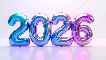 Foil balloons spelling out the year 2026, with a blue-purple gradient, resting on a reflective white surface.