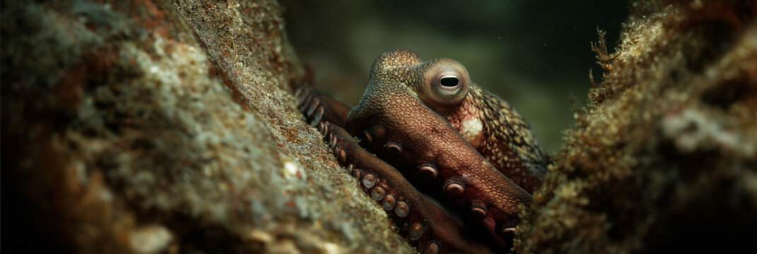 A close-up of an octopus blending into its rocky underwater habitat, showcasing its remarkable ability to camouflage and adapt within the aquatic environment. - Powered by Adobe