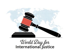Illustration of a gavel with world map background for international justice day celebration
