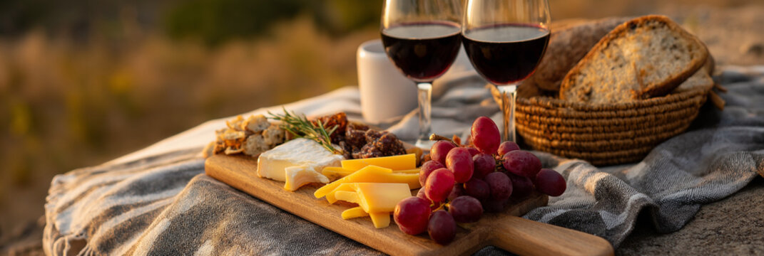 An exquisite cheese and wine platter beautifully arranged with grapes and rustic bread, set against a rich natural backdrop for a delightful outdoor dining experience.