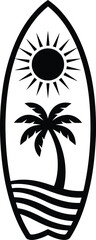 Surfboard silhouette with tropical scene and sun