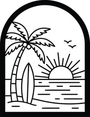 Archway silhouette of a tropical beach scene with palm tree and surfboard